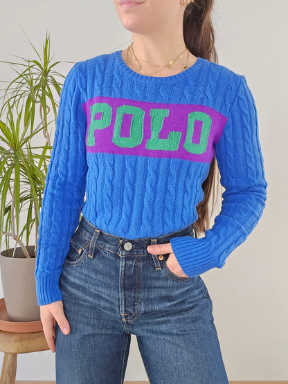 Pull en maille torsadée bleu "polo" - XS/34