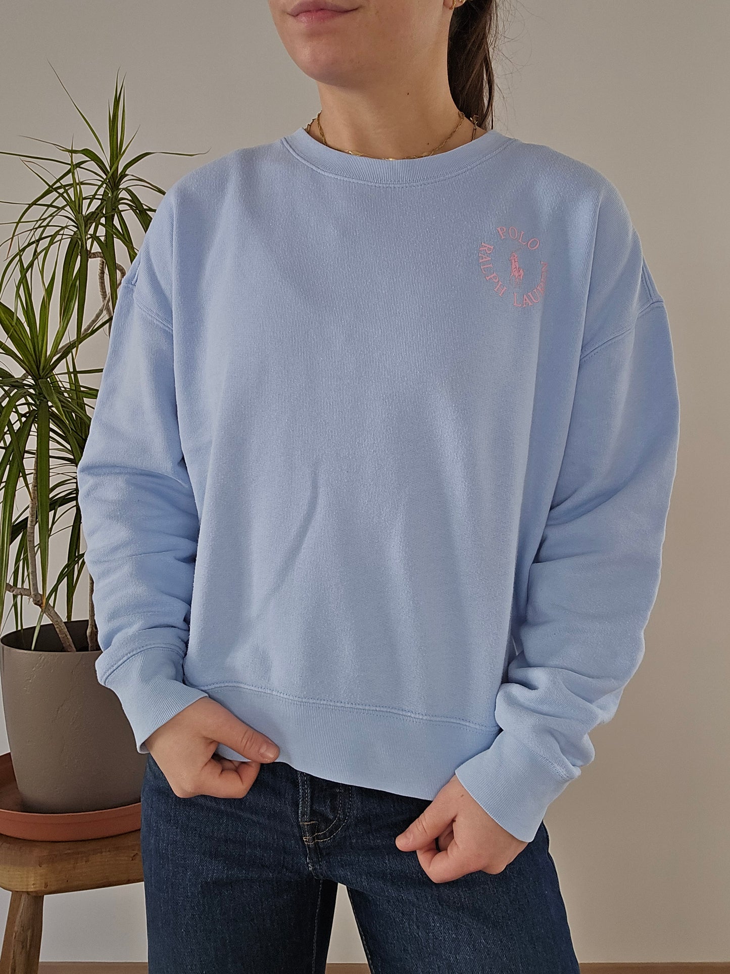 Sweat bleu ciel imprimé rose - XS/34