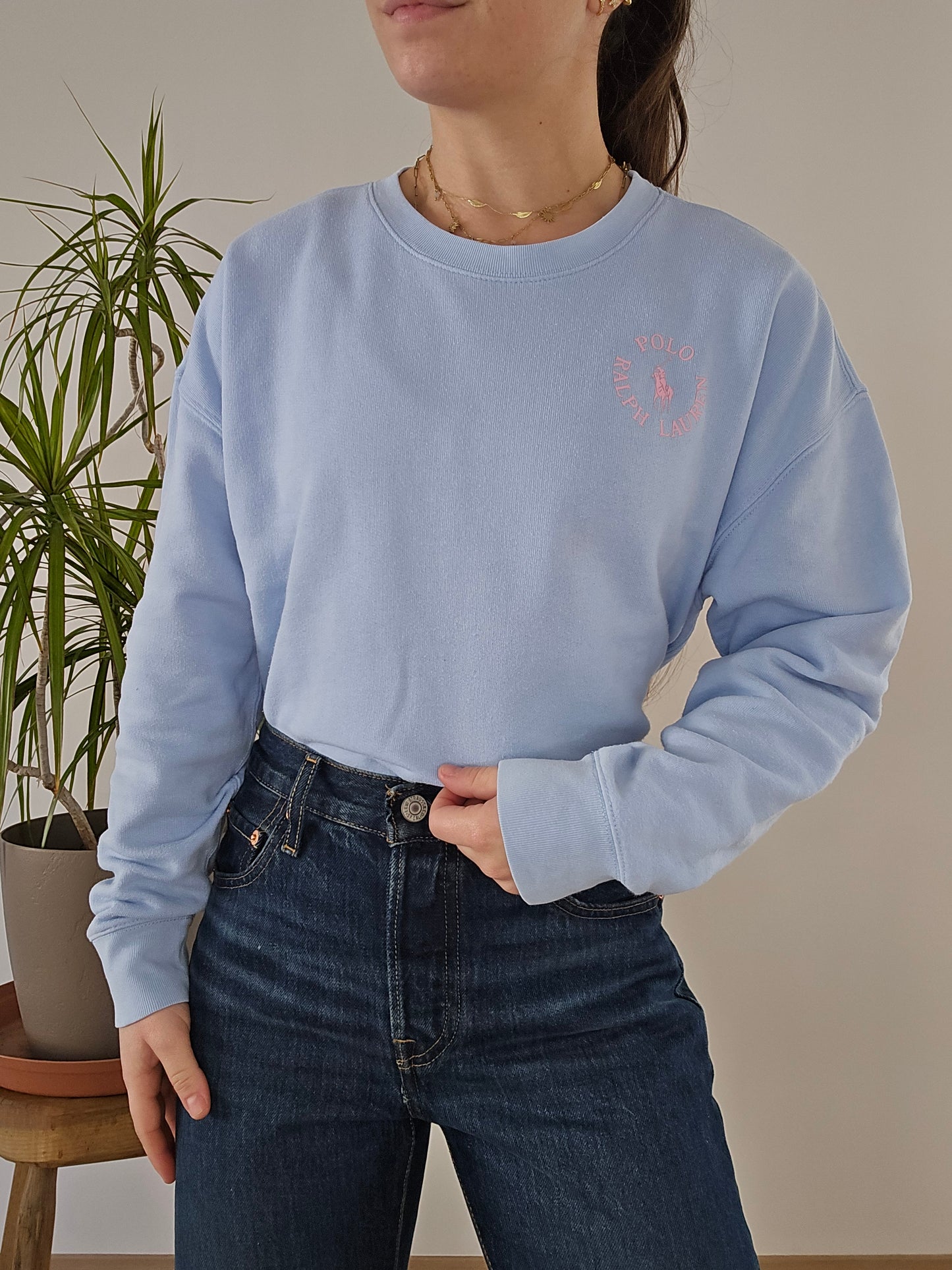 Sweat bleu ciel imprimé rose - XS/34
