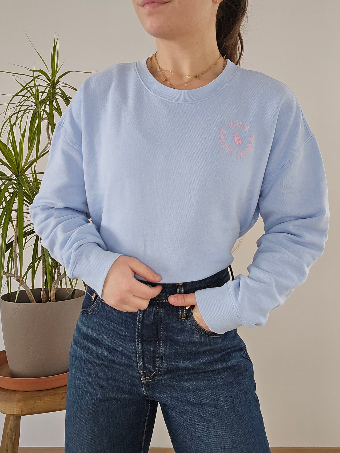 Sweat bleu ciel imprimé rose - XS/34