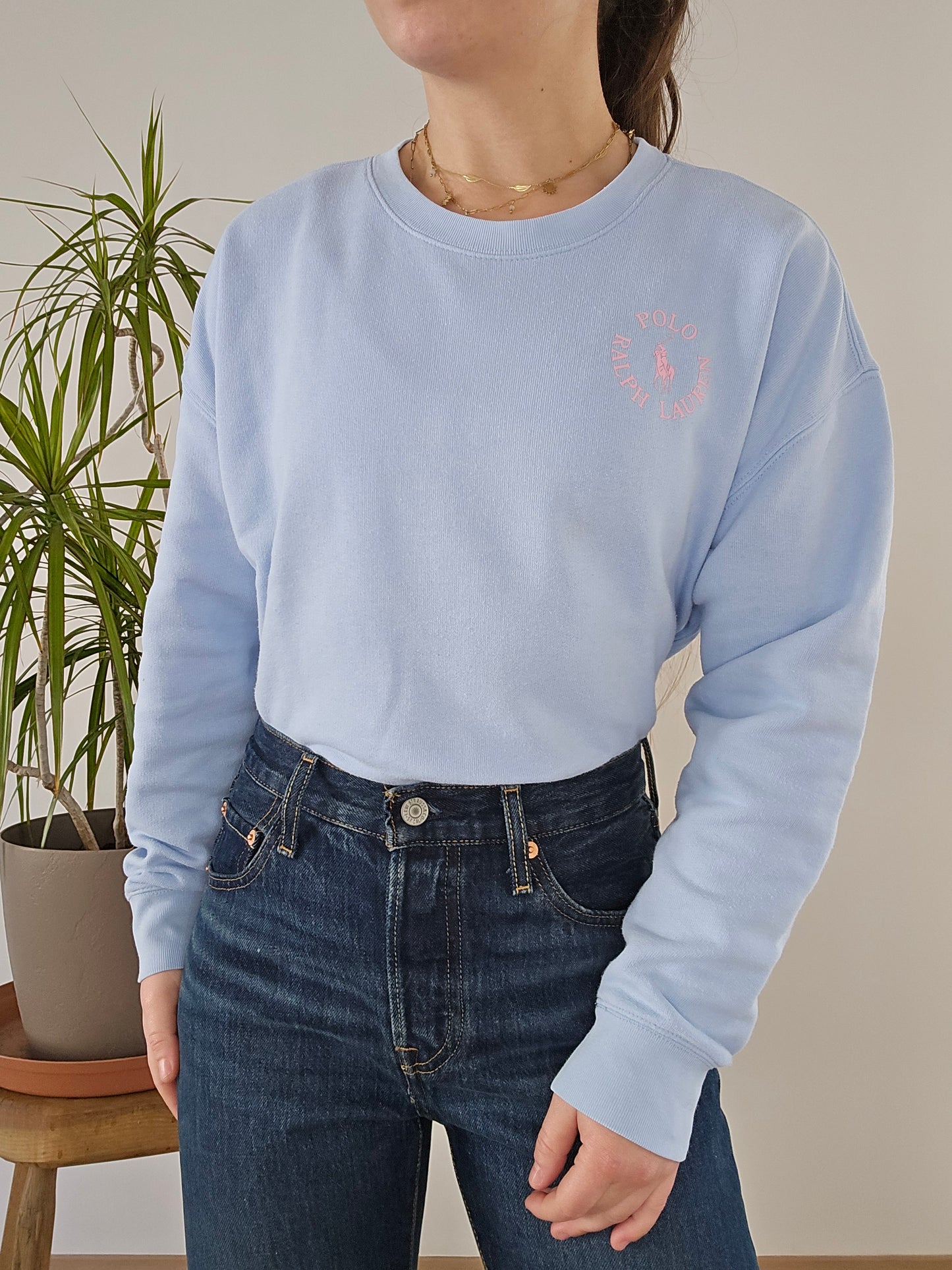 Sweat bleu ciel imprimé rose - XS/34
