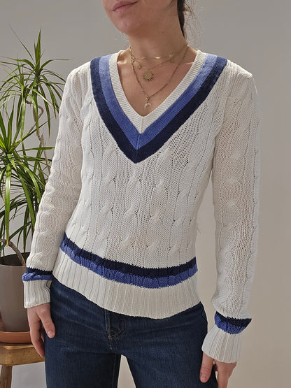 Pull col V en maille torsadée blanc - XS/34