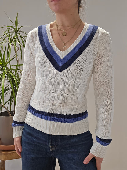 Pull col V en maille torsadée blanc - XS/34