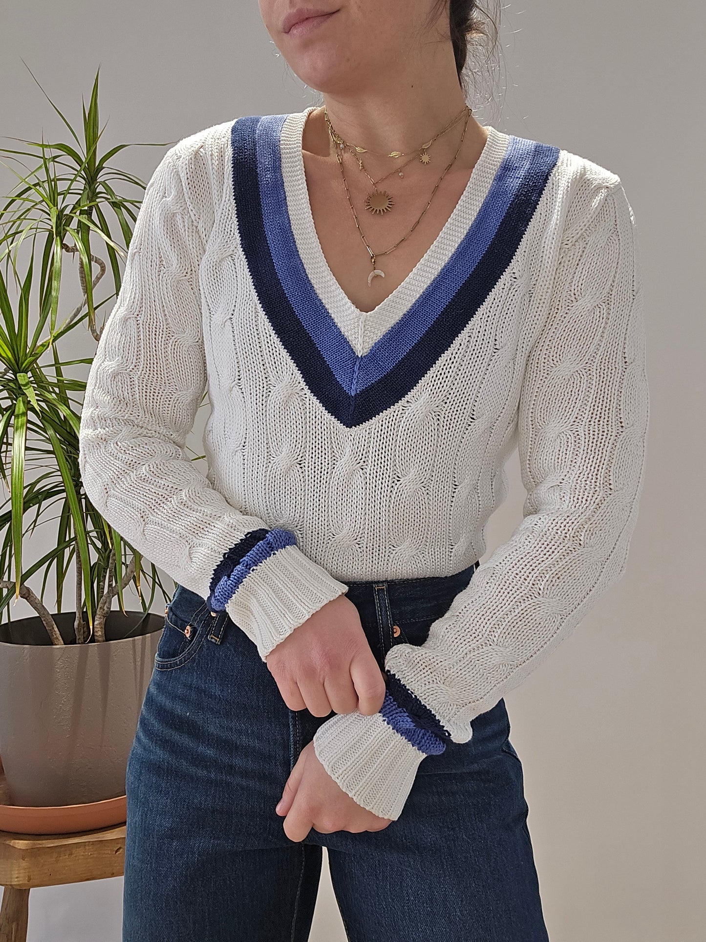 Pull col V en maille torsadée blanc - XS/34