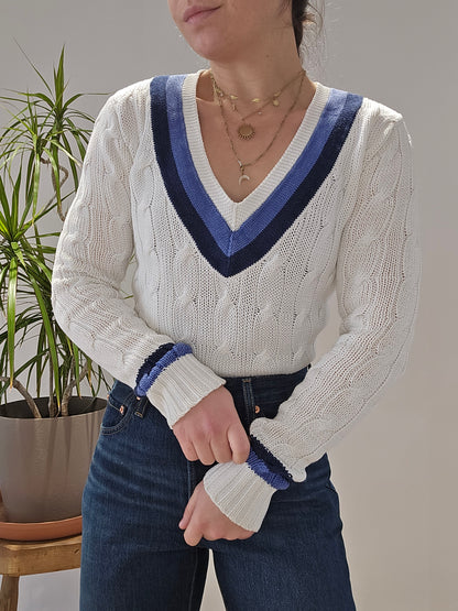 Pull col V en maille torsadée blanc - XS/34