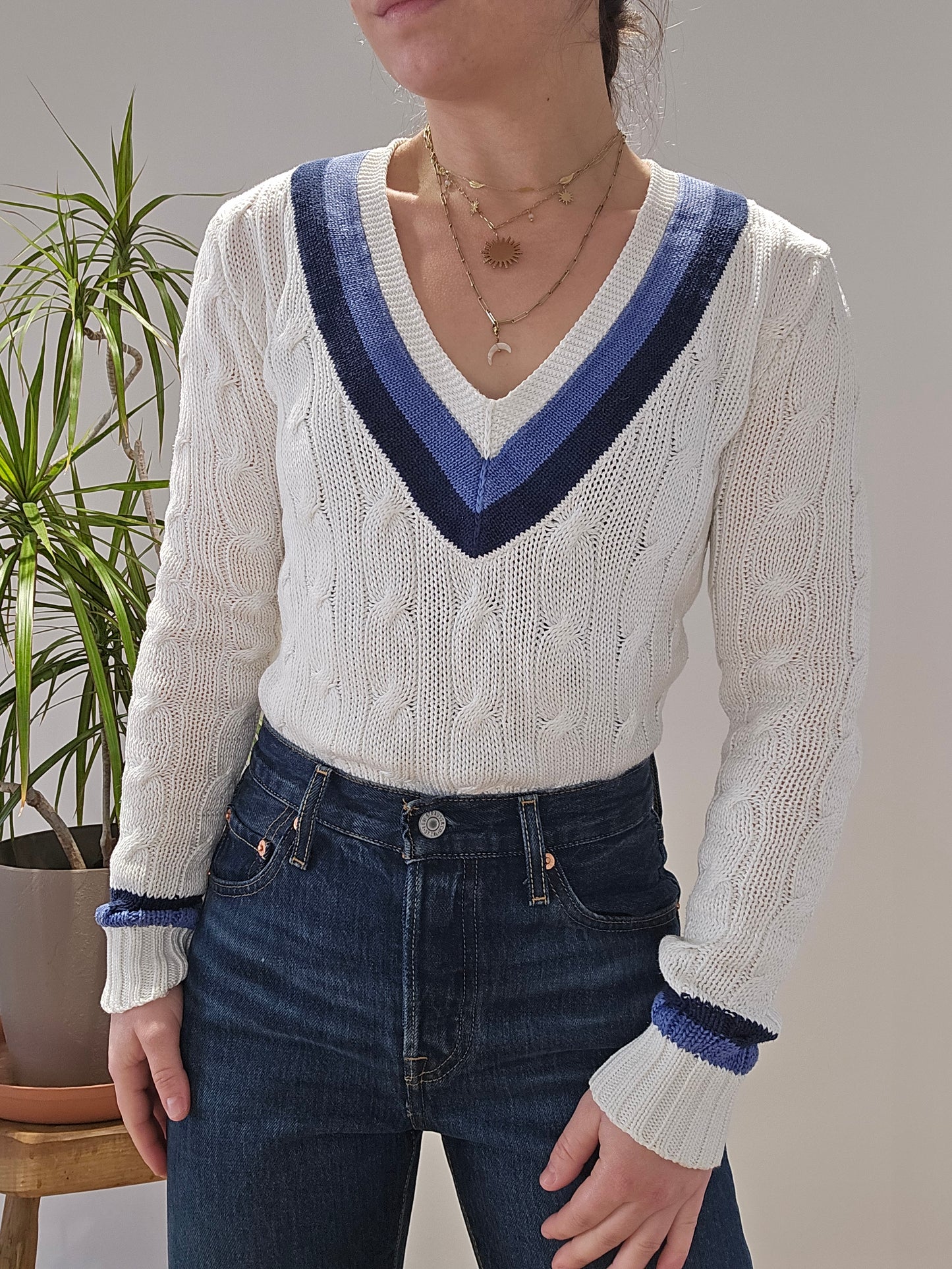 Pull col V en maille torsadée blanc - XS/34