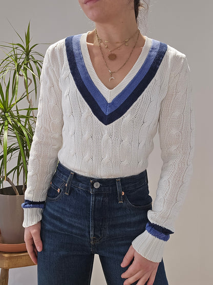 Pull col V en maille torsadée blanc - XS/34