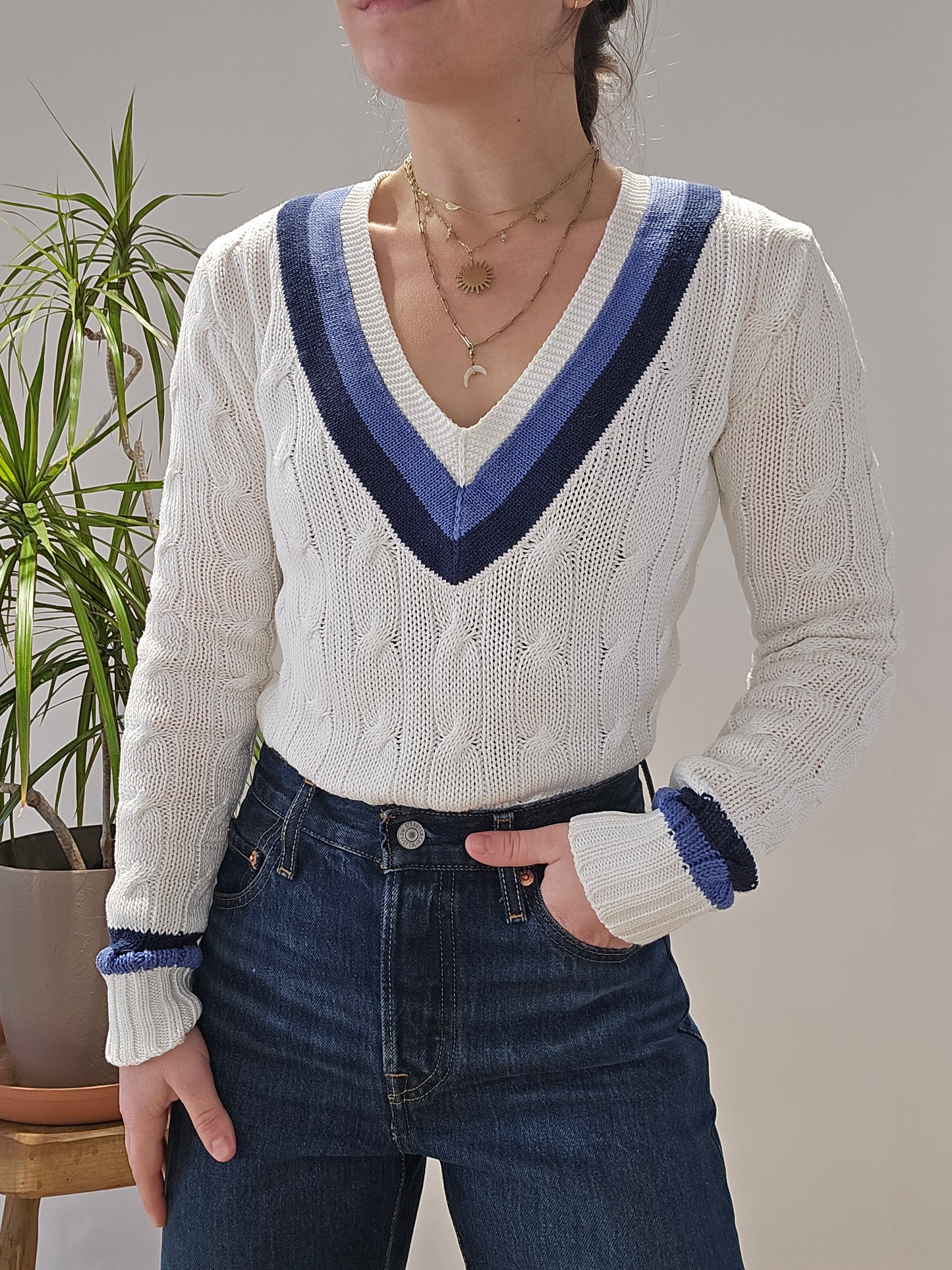 Pull col V en maille torsadée blanc - XS/34