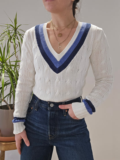 Pull col V en maille torsadée blanc - XS/34