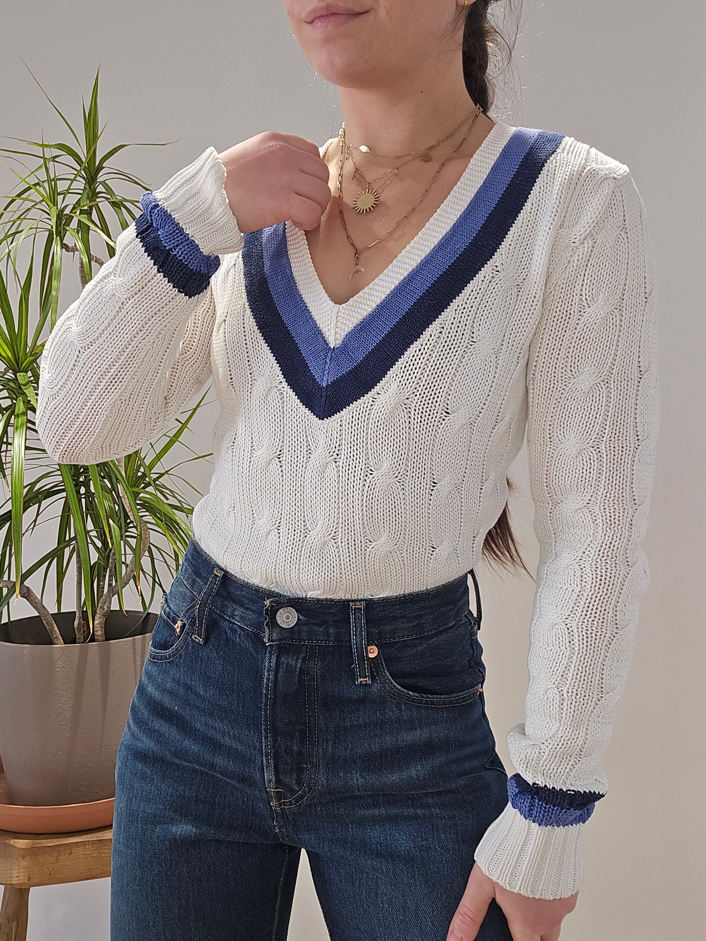 Pull col V en maille torsadée blanc - XS/34