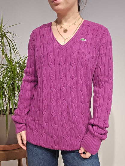 Pull col V en maille torsadée rose fushia - XL/42