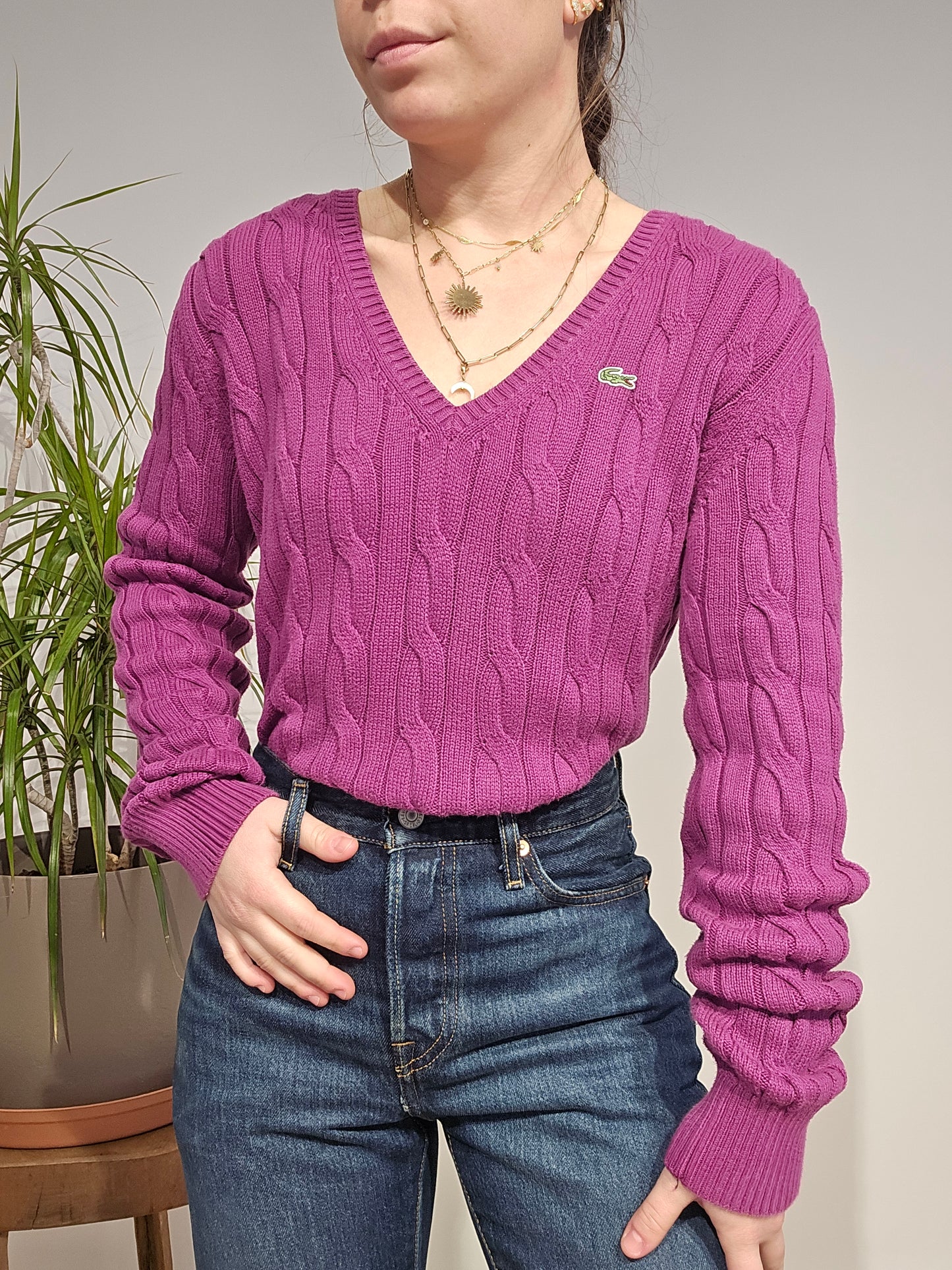 Pull col V en maille torsadée rose fushia - XL/42
