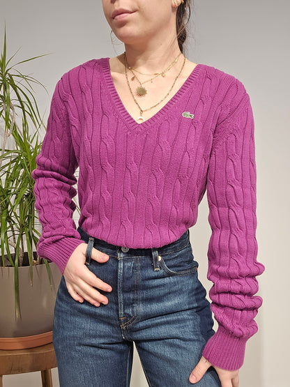 Pull col V en maille torsadée rose fushia - XL/42