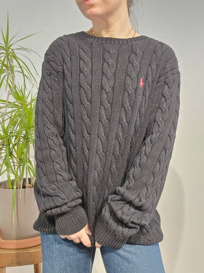 Pull col rond en maille torsadée noir - XL/42