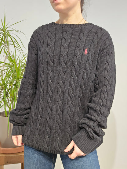 Pull col rond en maille torsadée noir - XL/42