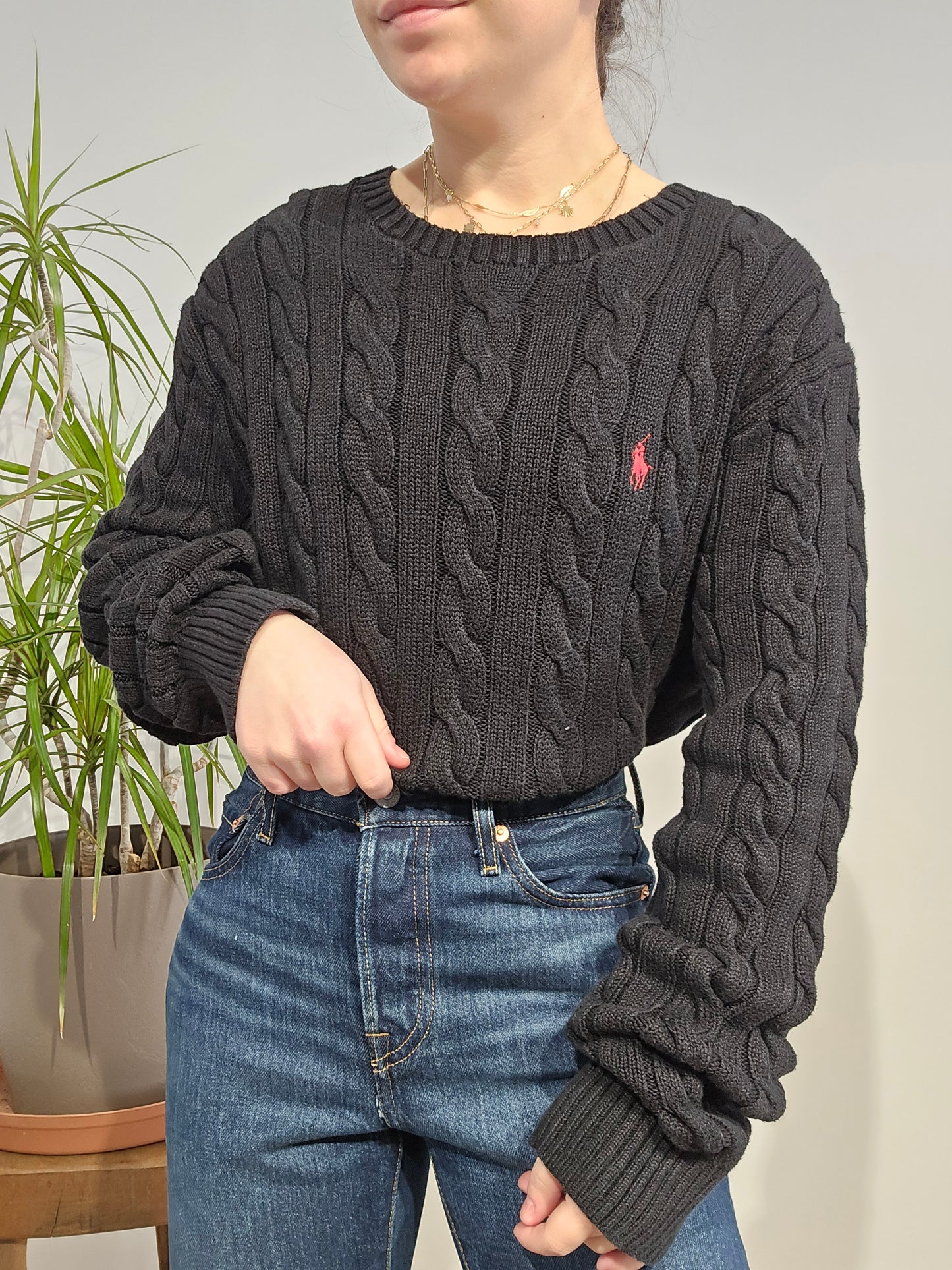 Pull col rond en maille torsadée noir - XL/42