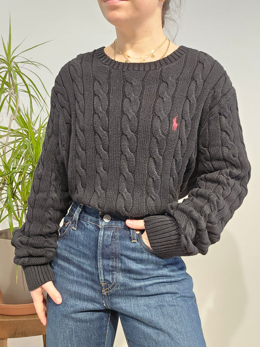 Pull col rond en maille torsadée noir - XL/42