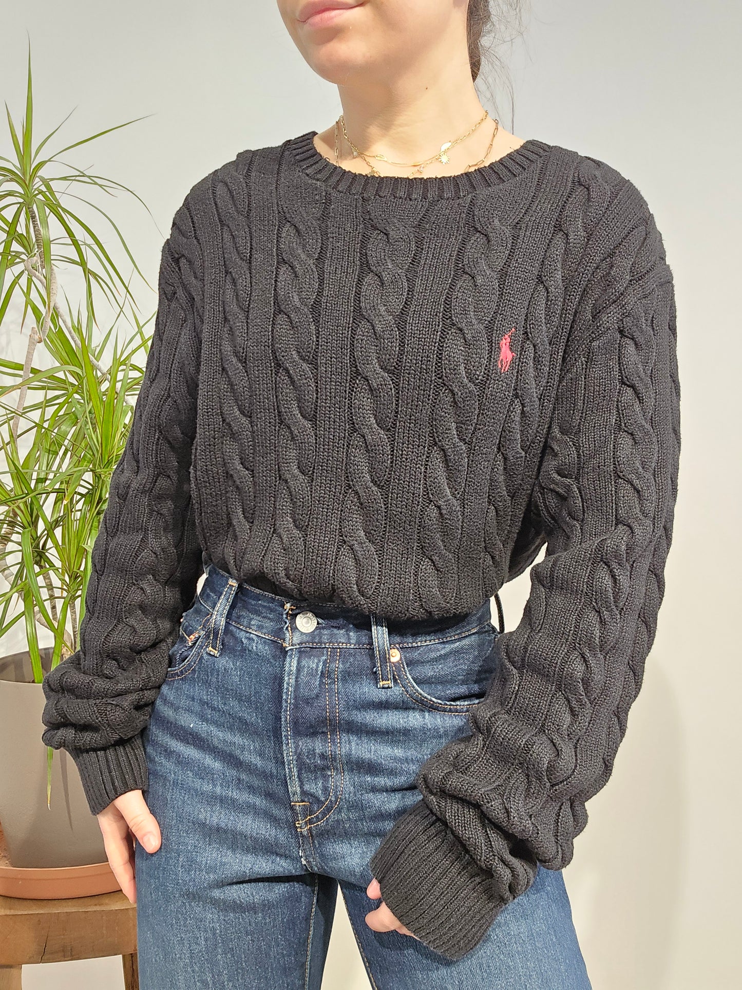 Pull col rond en maille torsadée noir - XL/42