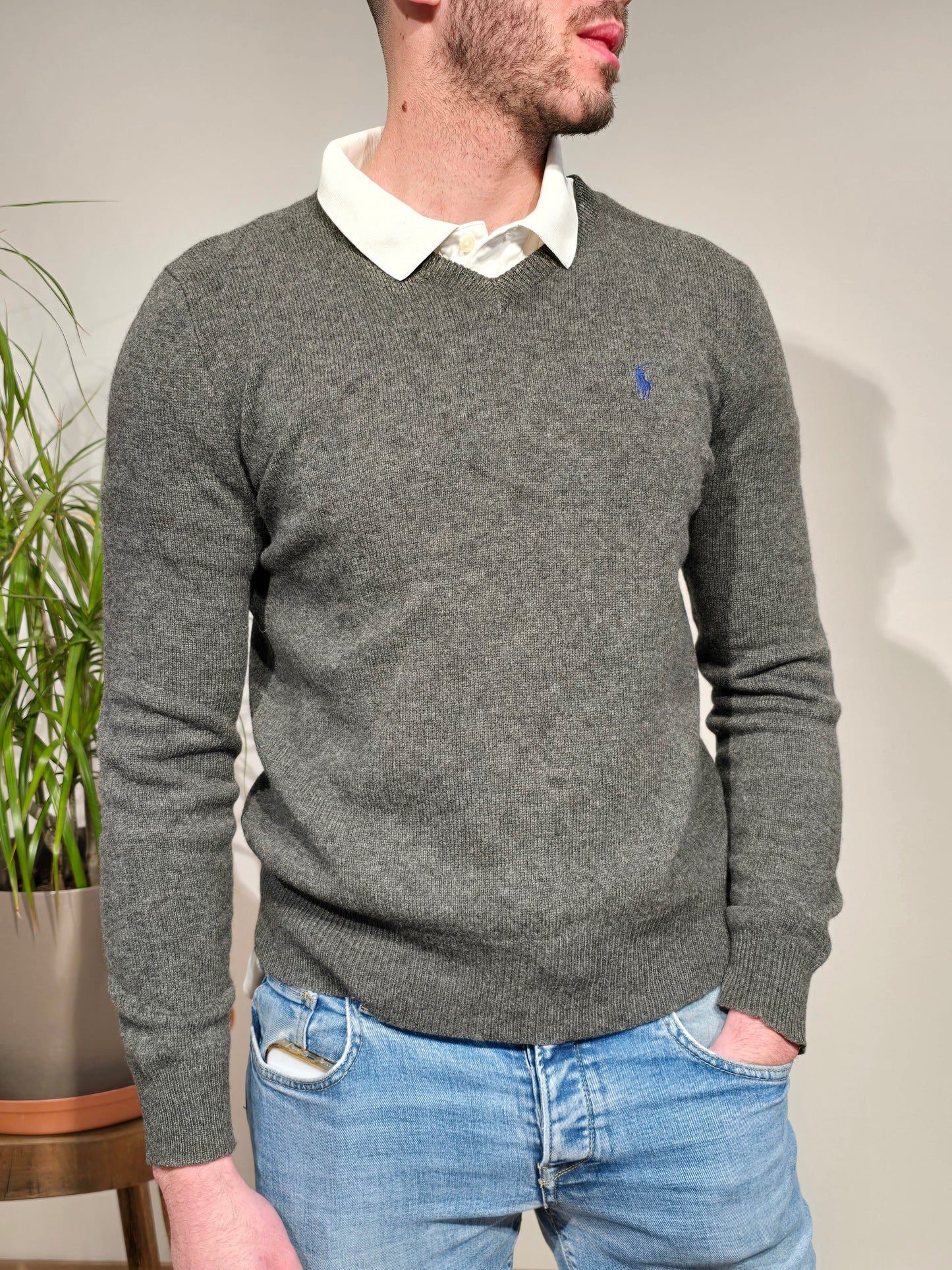 Pull col V en laine gris - S