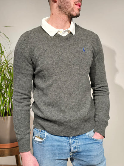 Pull col V en laine gris - S