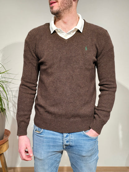 Pull col V en laine marron - S