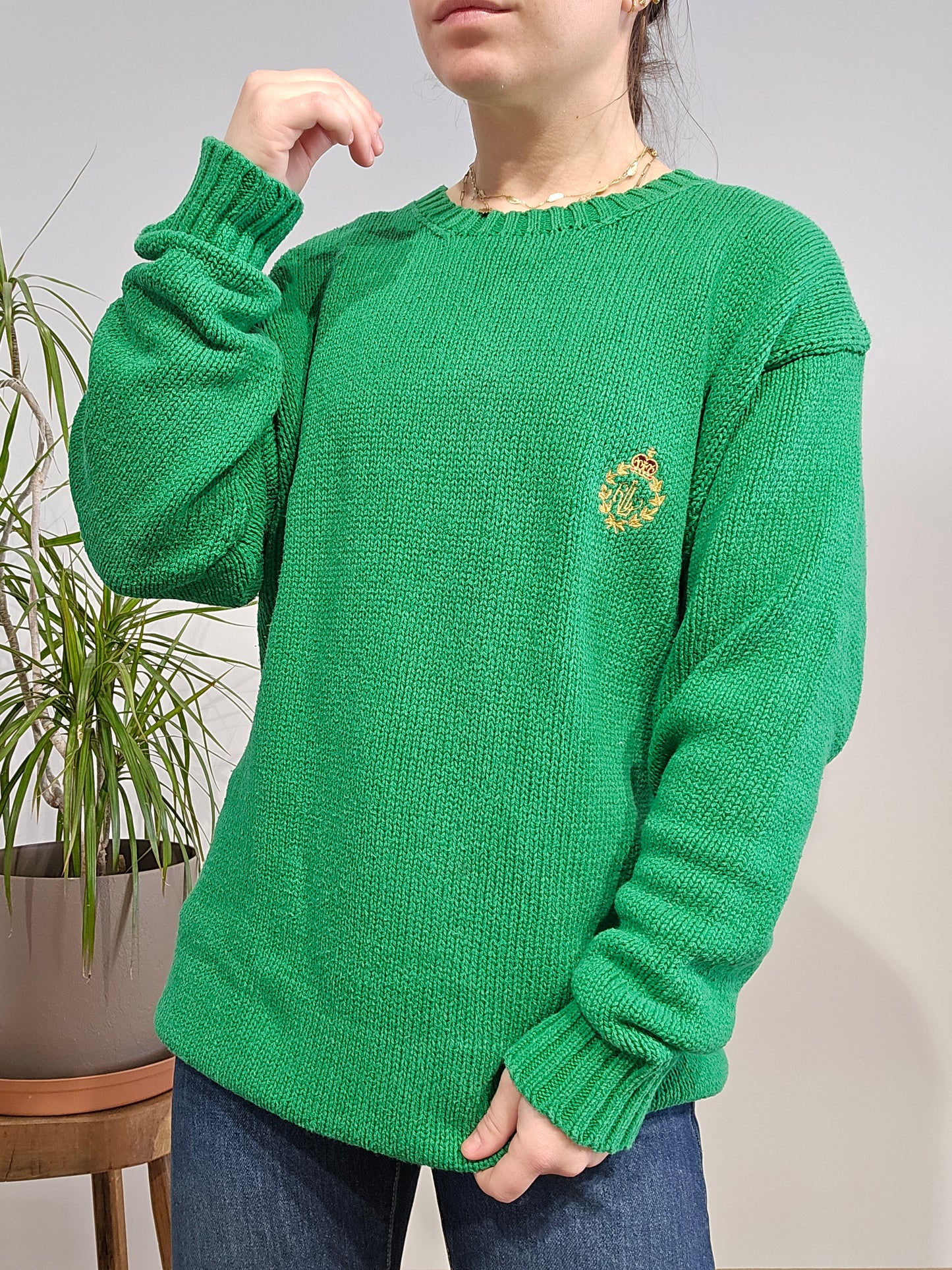 Pull col rond en maille vert brodé des années 90' - L