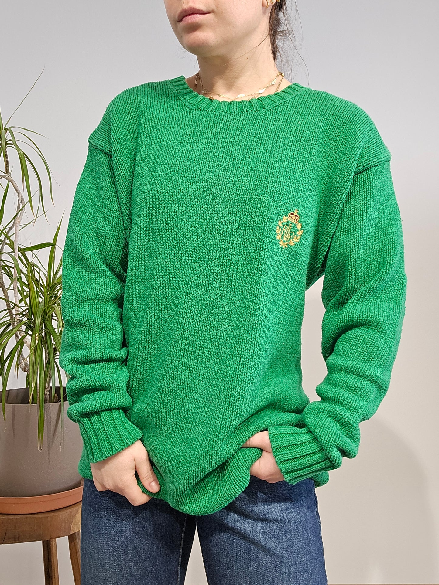 Pull col rond en maille vert brodé des années 90' - L
