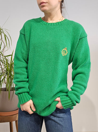 Pull col rond en maille vert brodé des années 90' - L