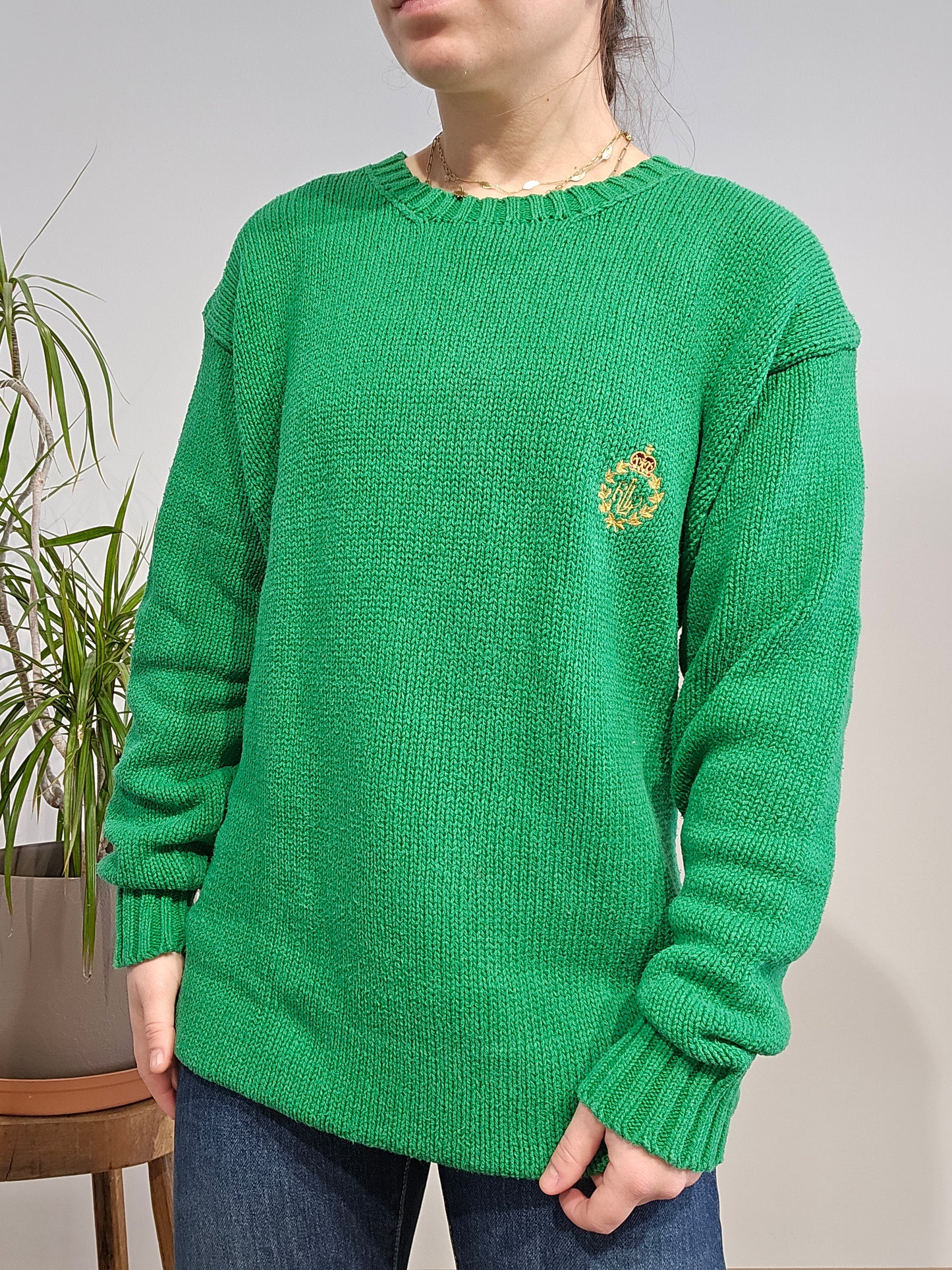 Pull col rond en maille vert brodé des années 90' - L