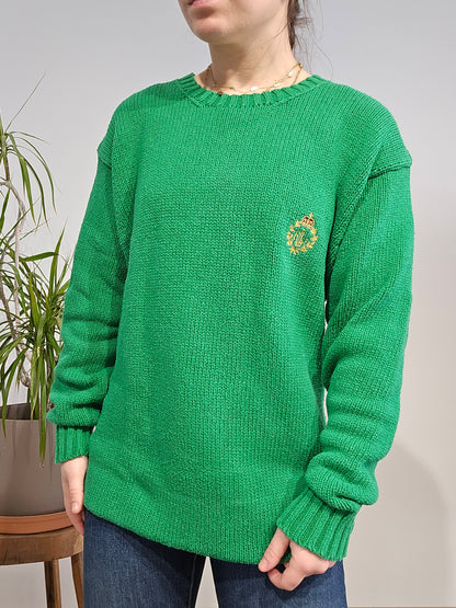 Pull col rond en maille vert brodé des années 90' - L