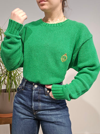 Pull col rond en maille vert brodé des années 90' - L