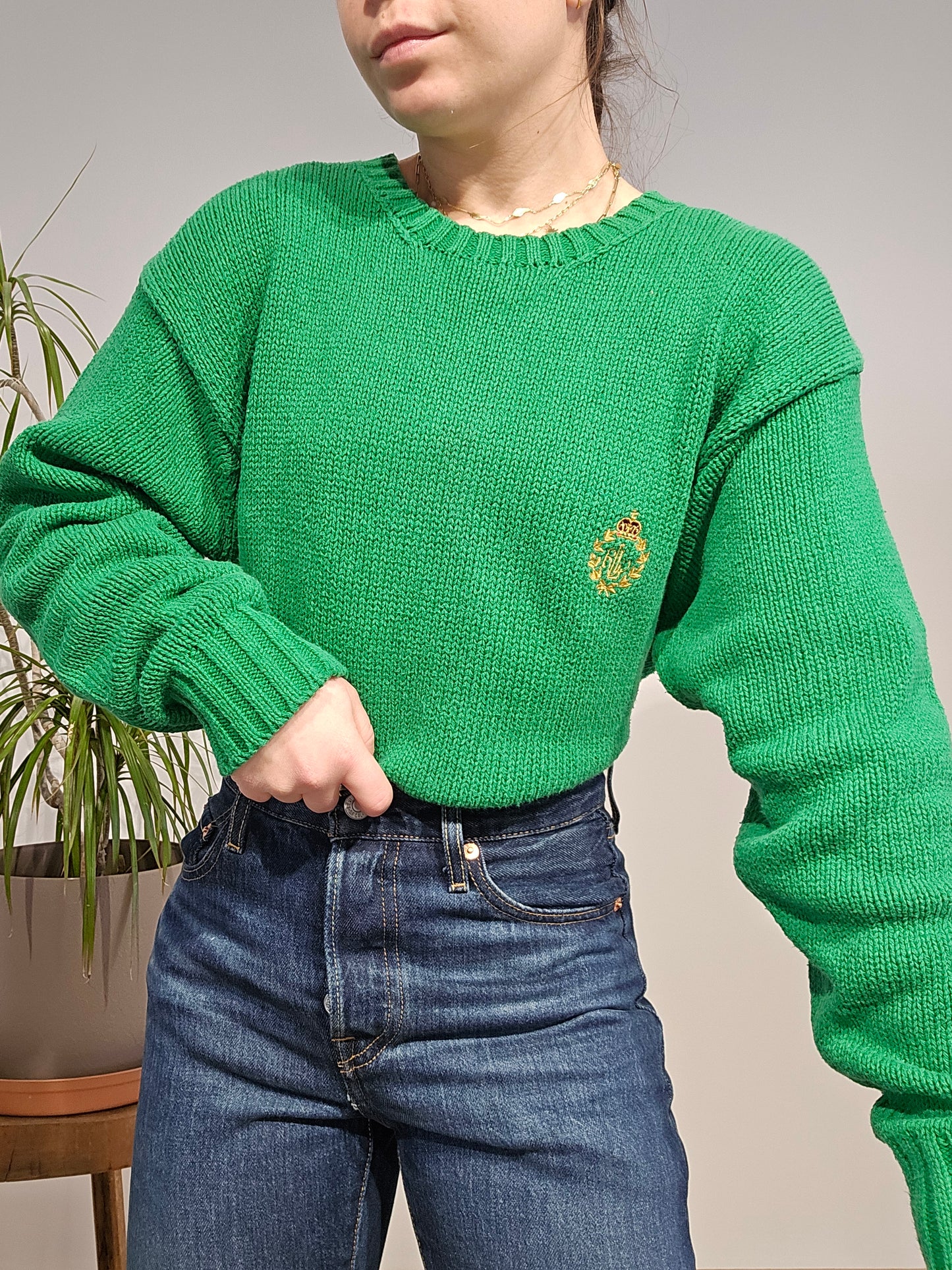 Pull col rond en maille vert brodé des années 90' - L