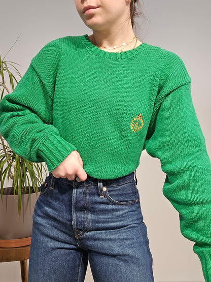 Pull col rond en maille vert brodé des années 90' - L