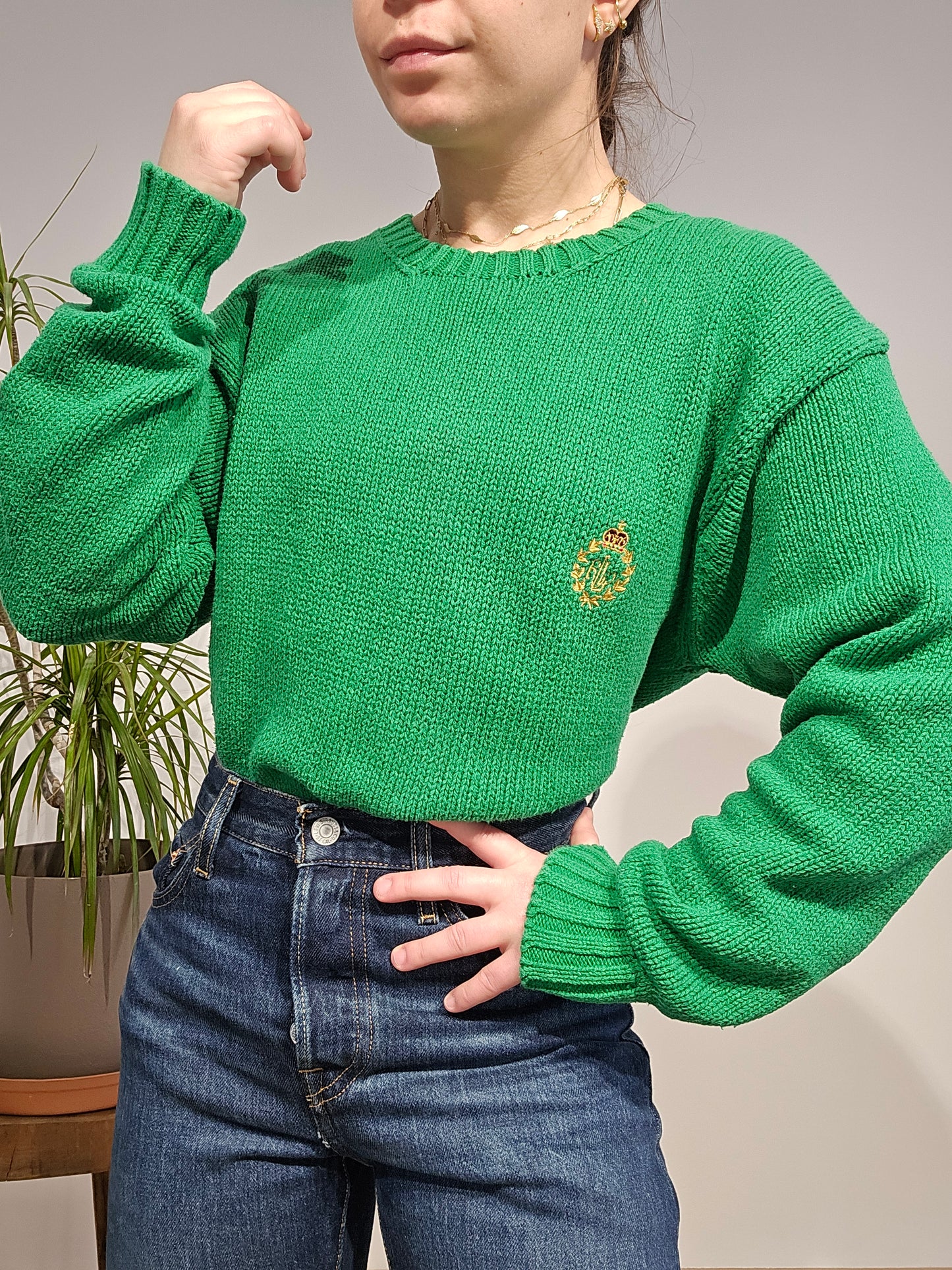 Pull col rond en maille vert brodé des années 90' - L