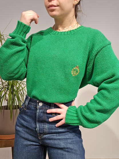 Pull col rond en maille vert brodé des années 90' - L