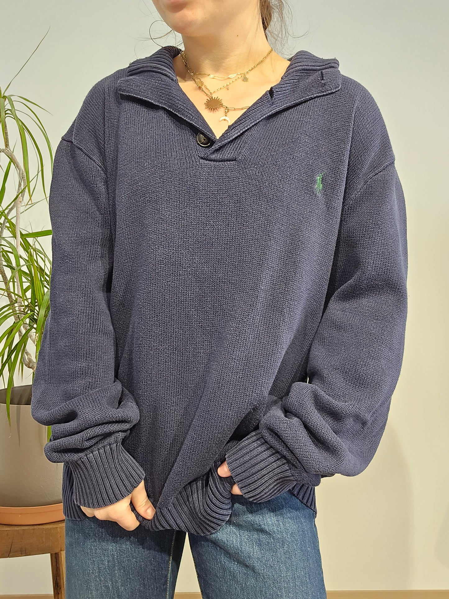 Pull bleu marine col boutonné - XL