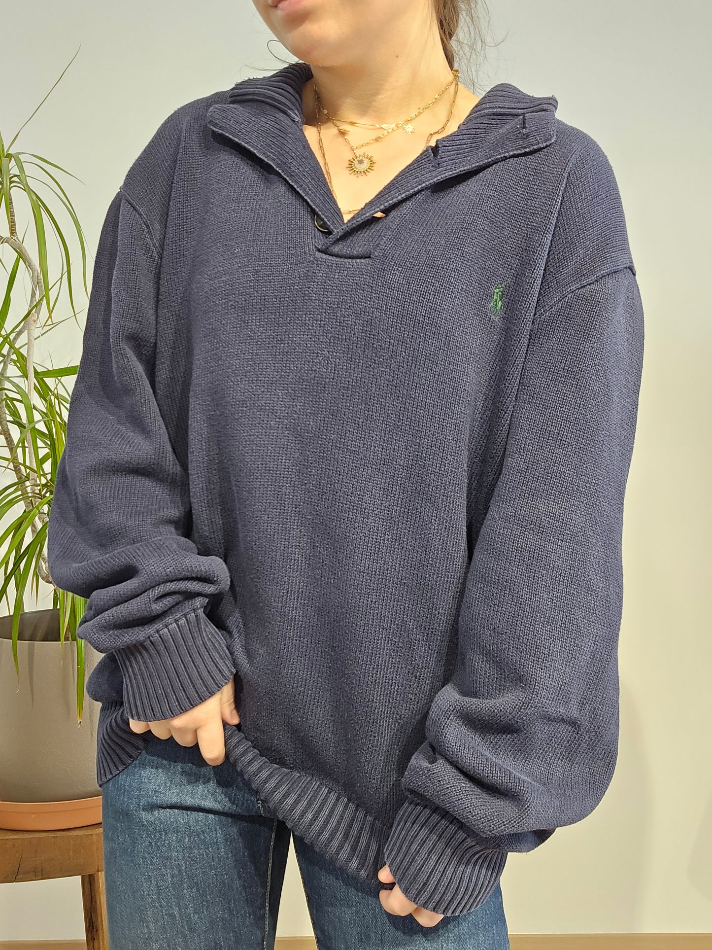 Pull bleu marine col boutonné - XL