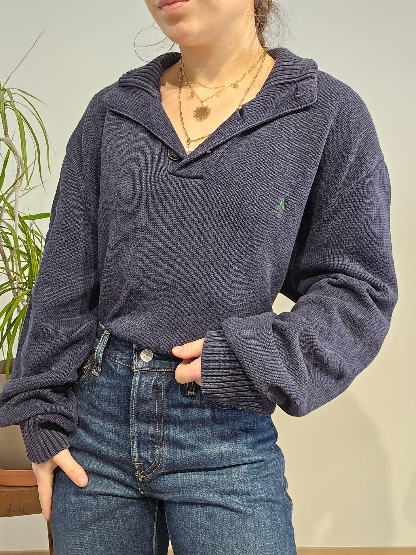 Pull bleu marine col boutonné - XL