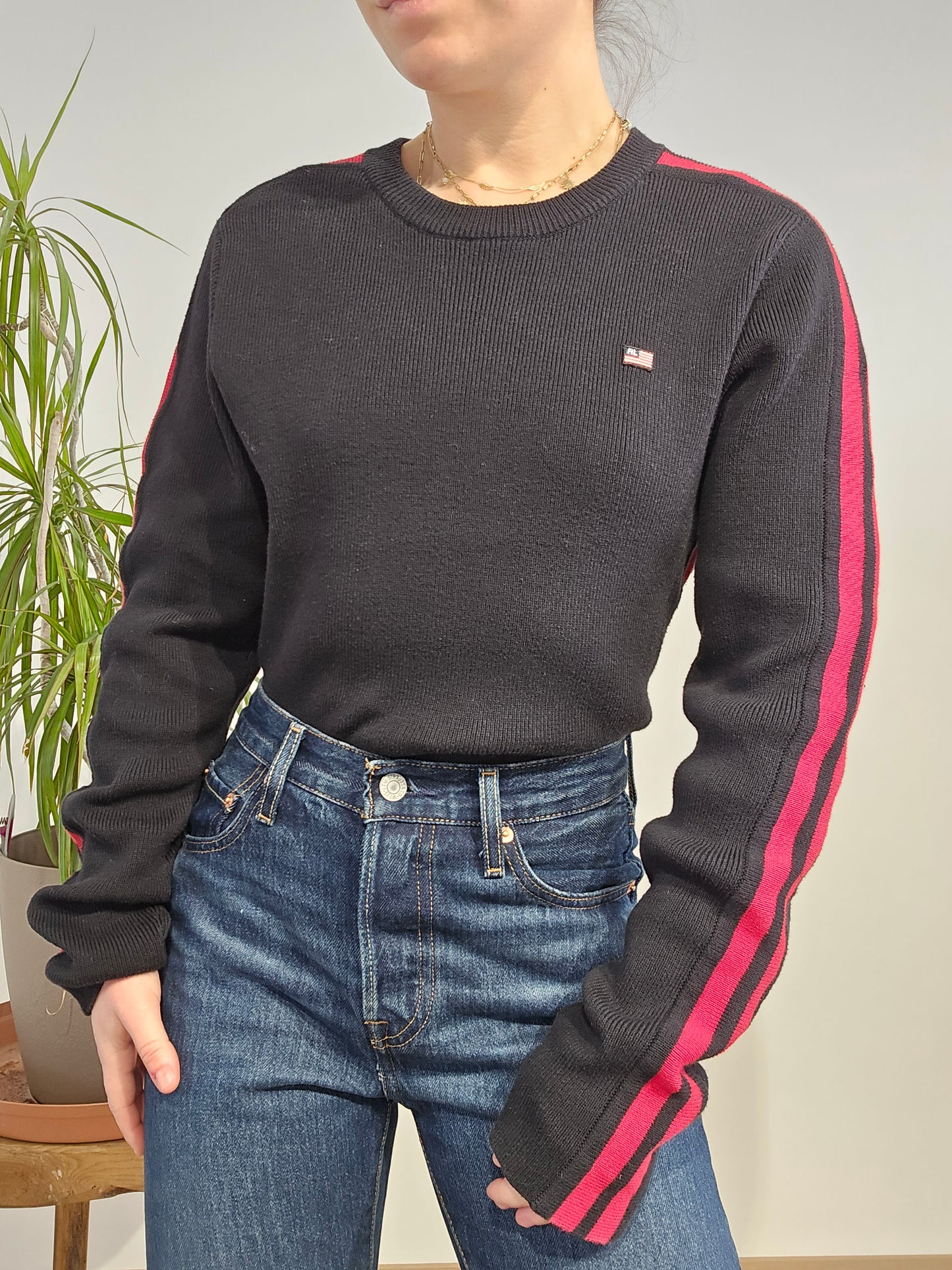 Pull en maille côtelée noir des années 90' american flag - S/M