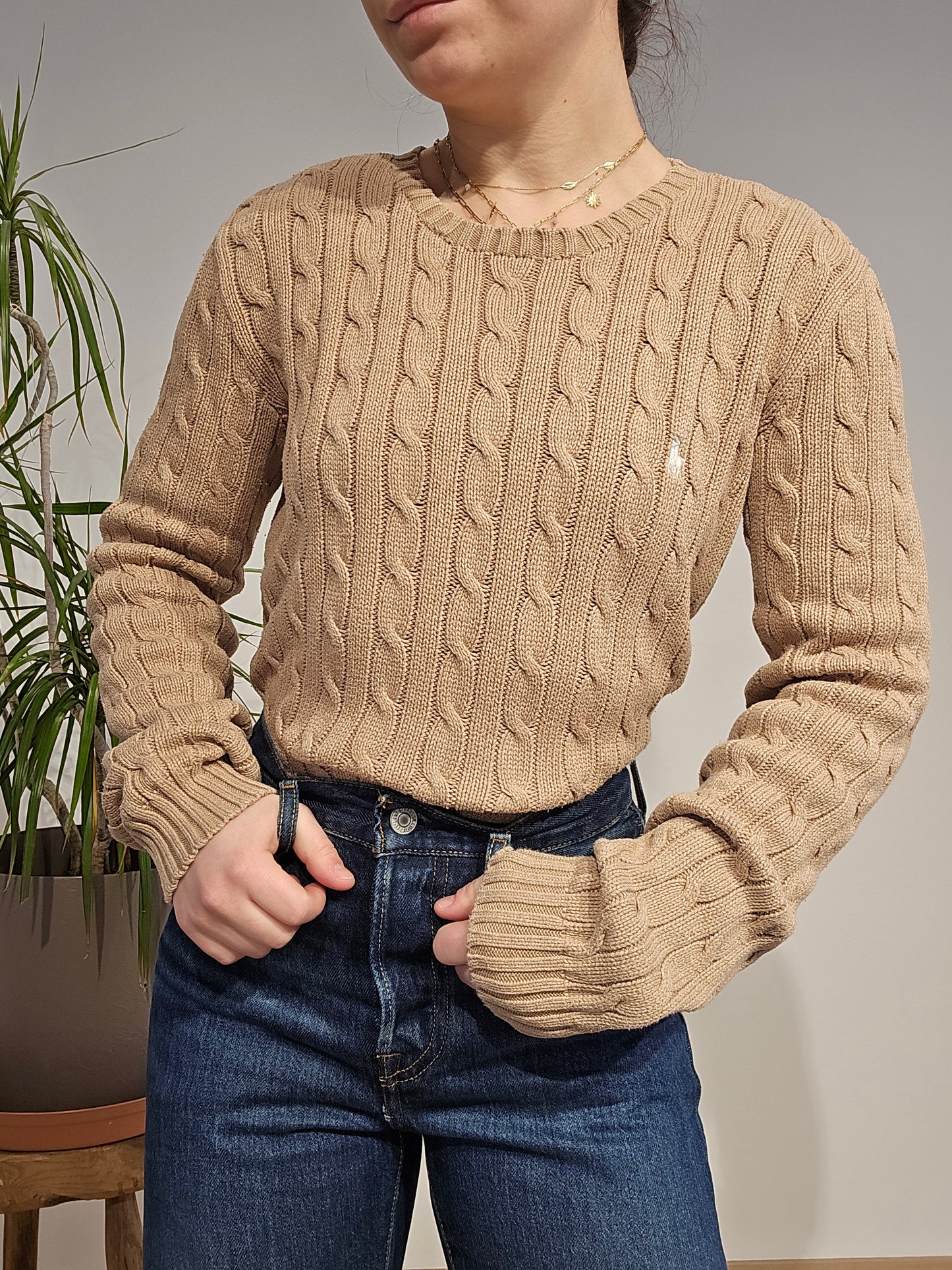 Pull col rond en maille torsadée beige - M/L