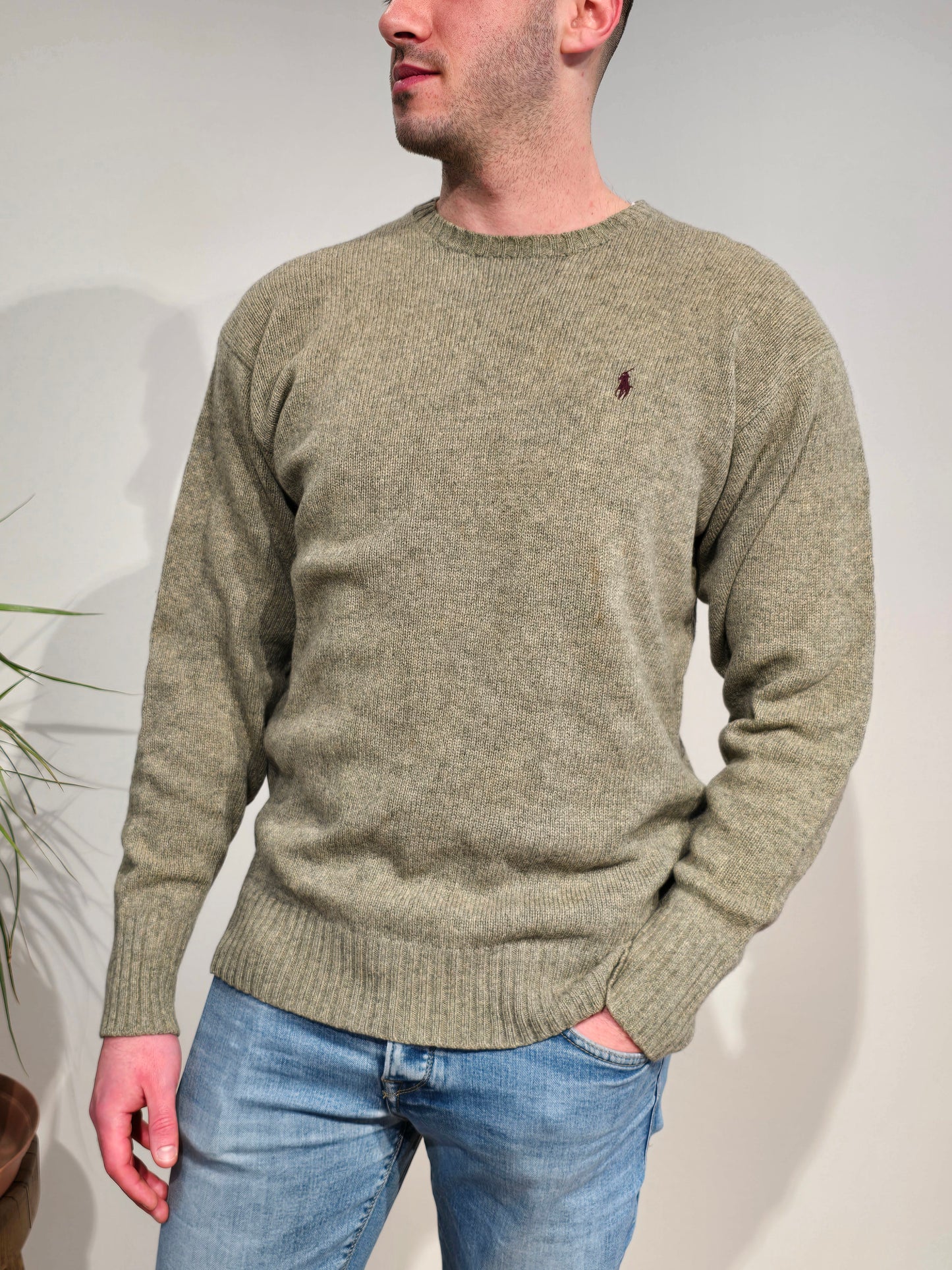 Pull col rond en laine kaki - M