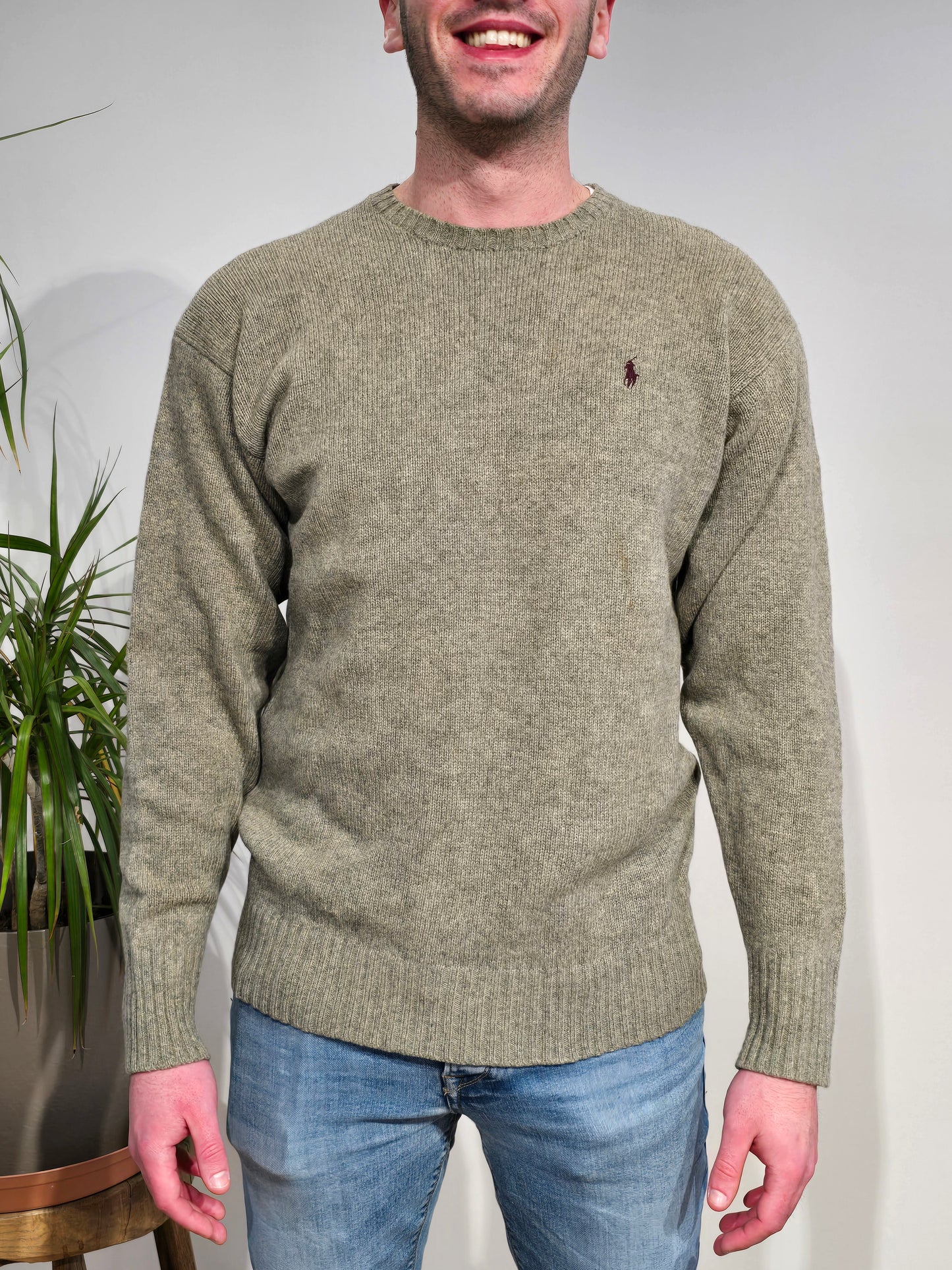 Pull col rond en laine kaki - M