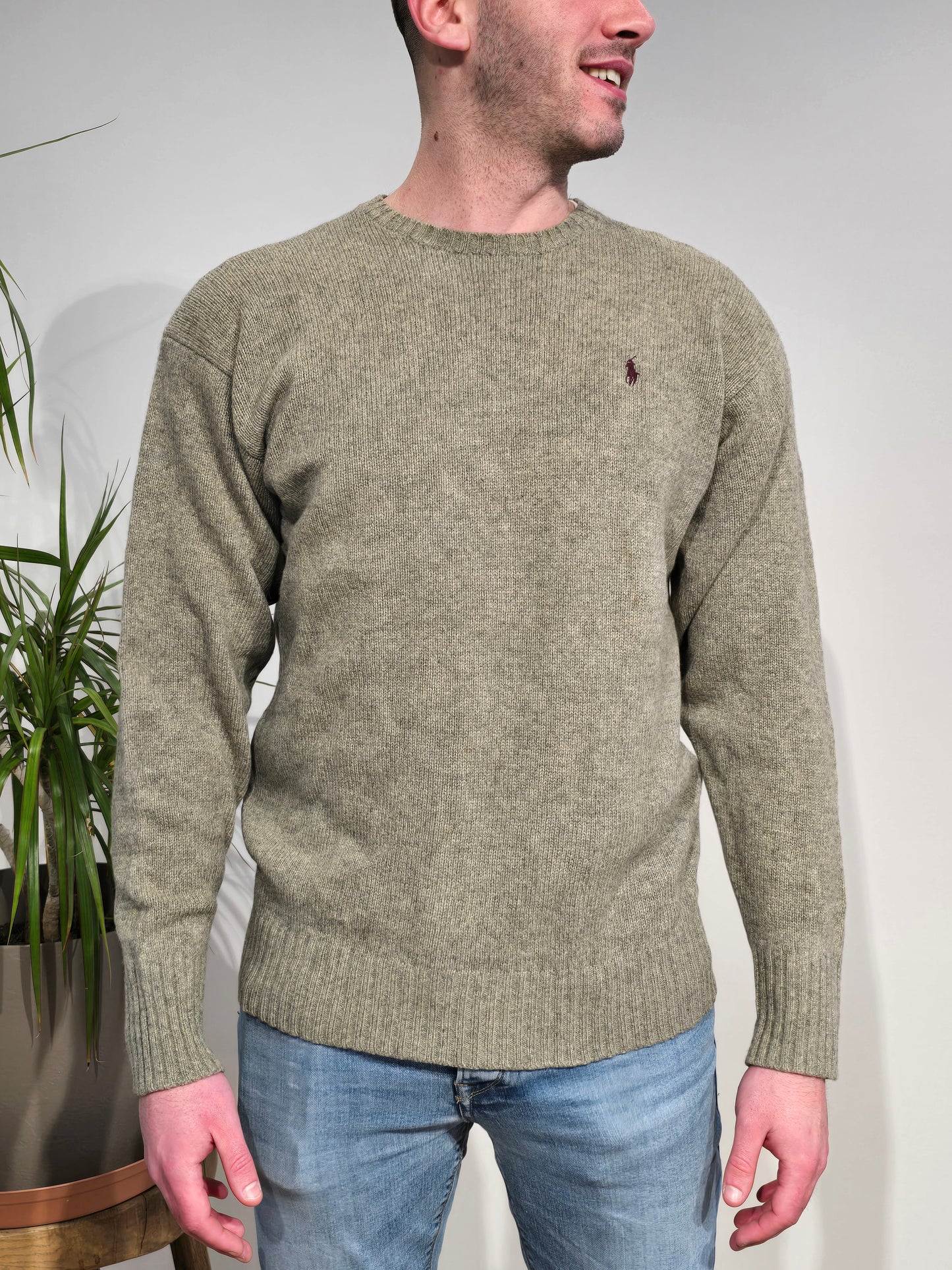 Pull col rond en laine kaki - M