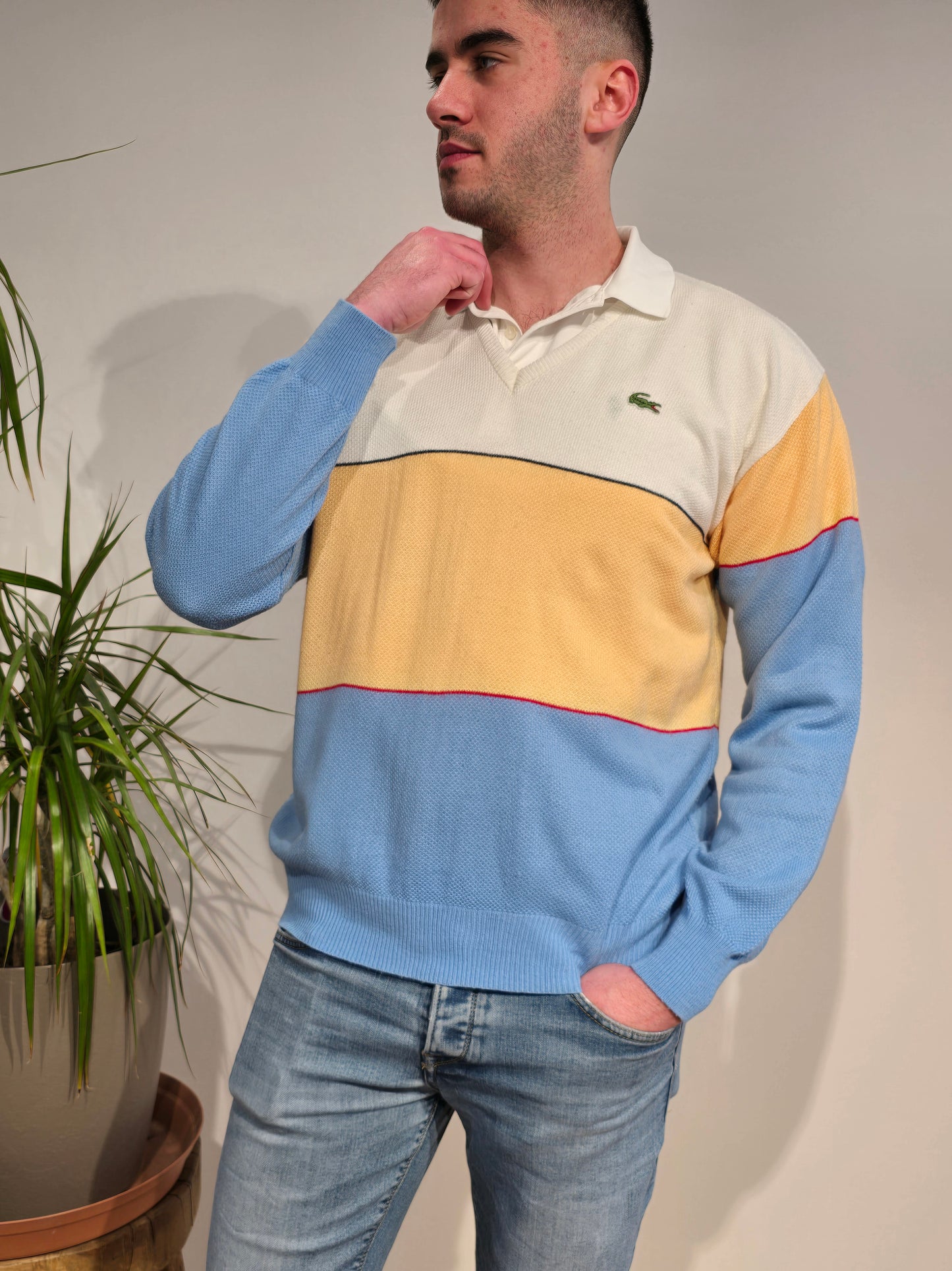 Pull col V léger tricolore des années 80' - L