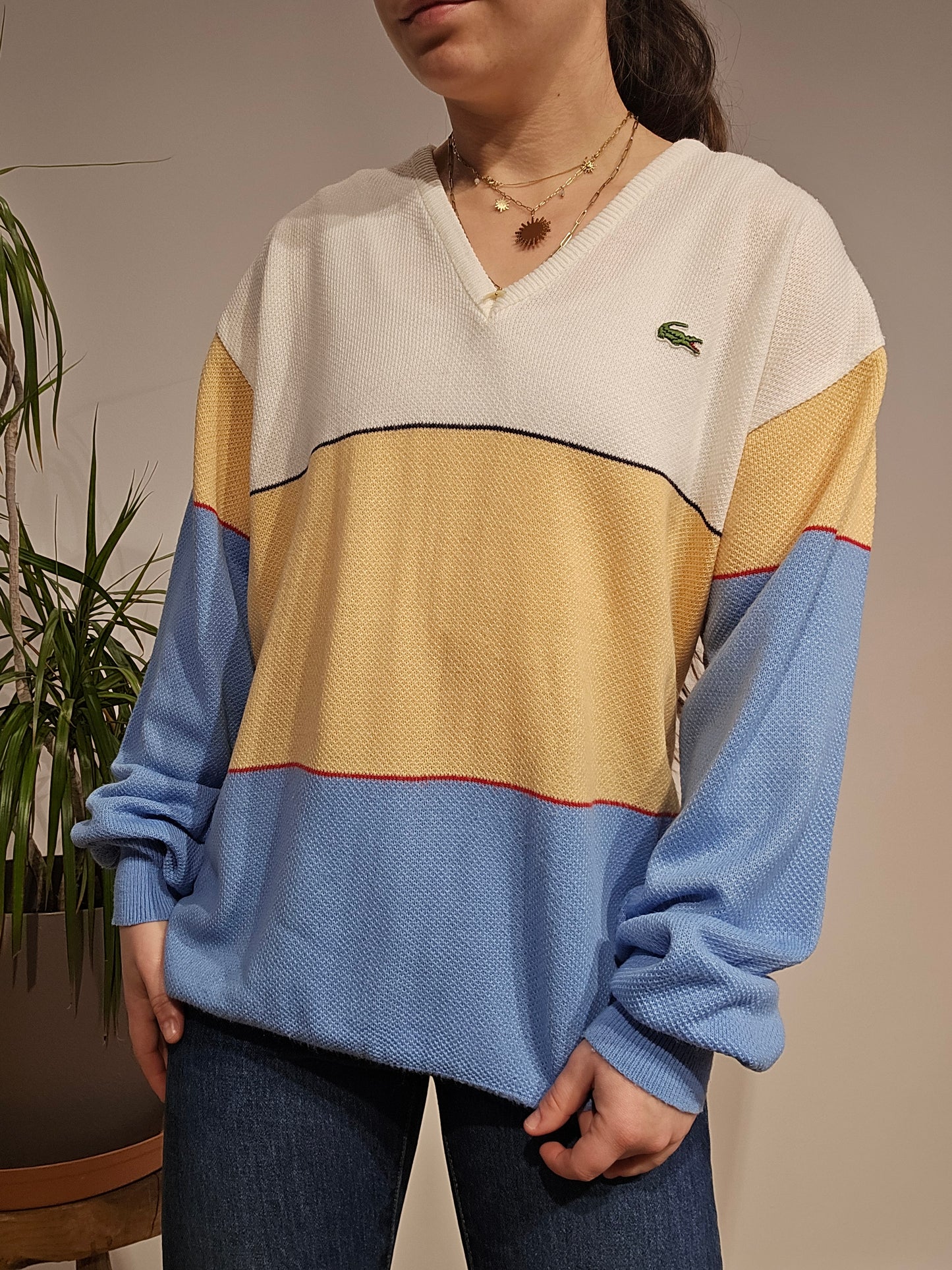 Pull col V léger tricolore des années 80' - L/XL
