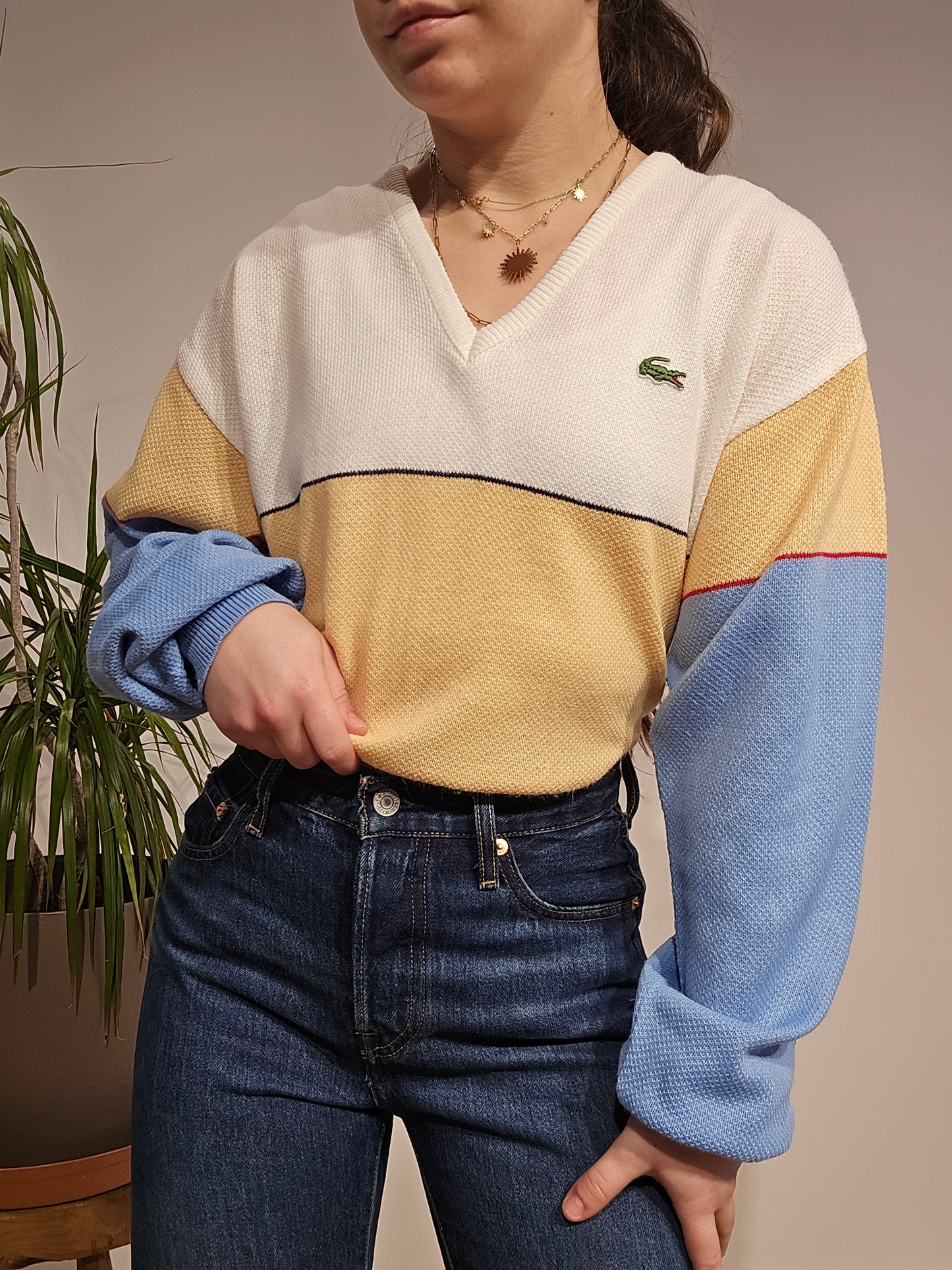 Pull col V léger tricolore des années 80' - L/XL