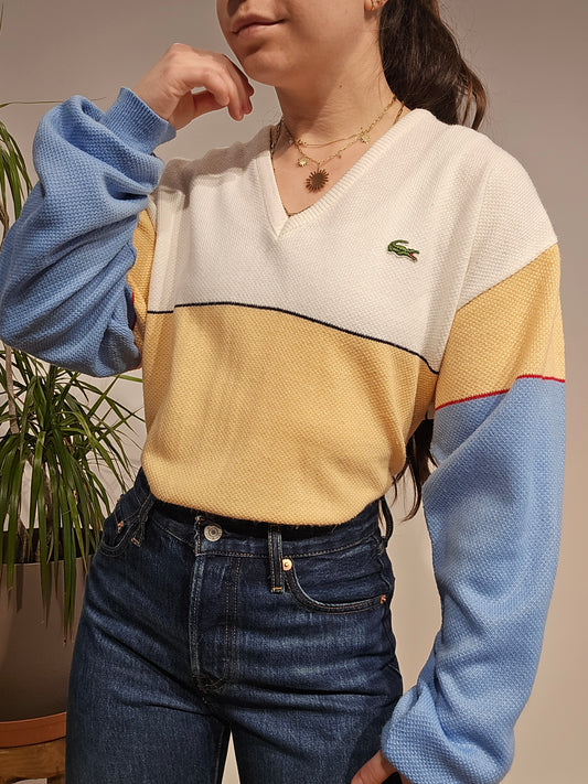 Pull col V léger tricolore des années 80' - L/XL
