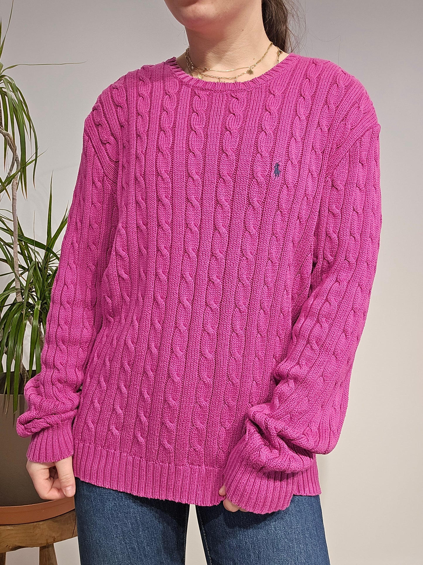 Pull col rond en maille torsadée rose - L/XL