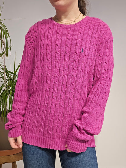 Pull col rond en maille torsadée rose - L/XL