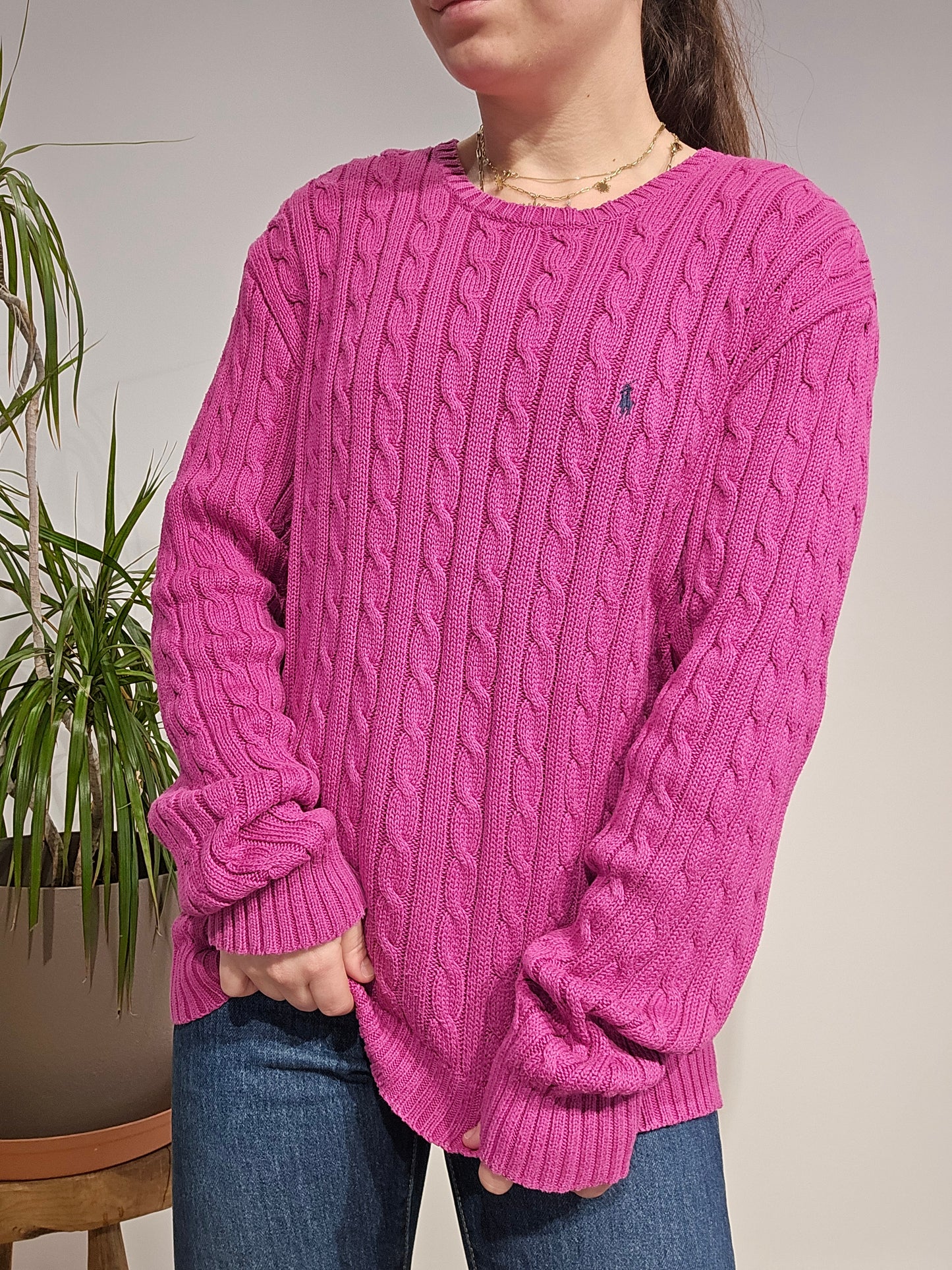 Pull col rond en maille torsadée rose - L/XL